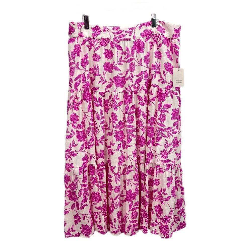 NEW Lauren Conrad Tiered Midi Skirt Plus Size 1X Floral Pink Linen Blend Lined